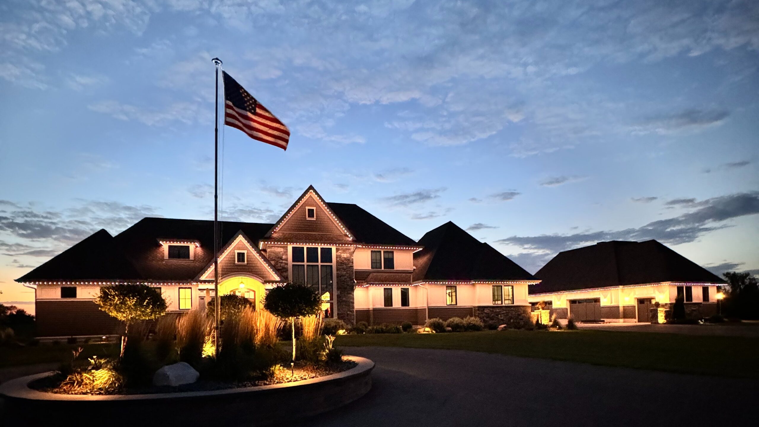 Bright LED permanent lights on Minnesota home for security deterrence
